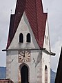 English: Clock tower of the church in Schweinsteg, South Tyrol