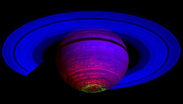 Deutsch: Falschfarbenbild von Infrarotaurora auf Saturn English: False-colour image of infrared aurora on Saturn