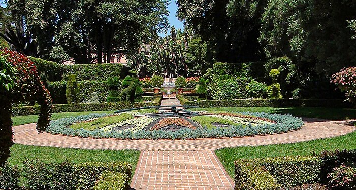 West view of the clock in the topiary garden of Lotusland, Montecito, CA