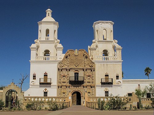 Mission San Xavier del Bac, a historic Spanish Catholic mission located on the Tohono O'odham San Xavier Indian Reservation.