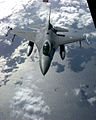 An F-16A from the Portuguese Air Force prepares to refuel from a KC-10