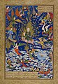 Persian miniature painting, from 1550 CE, depicting Muhammad ascending on the Burak into the Heavens, a journey known as the Miraj