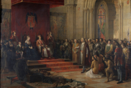 Christopher Columbus before Spanish Monarchs return from First Voyage by Ricardo Balaca 1874.png