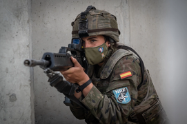 Spanish soldier with G-36C rifle on a NATO FTX in Cincu, Romania (May 2021).webp