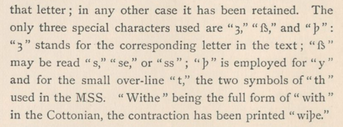 Note on yogh, Middle Scots s, thorn in F.J. Amours, Original Chronicle of Andrew of Wyntoun, vol. 2, 1903, p. x.png