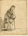 Beggar Woman Leaning on a Stick label QS:Len,"Beggar Woman Leaning on a Stick" label QS:Lnl,"Bedelares, leunend op een stok" . 1646. etching print and drypoint print. 8.3 × 6.4 cm (3.2 × 2.5 in). London, British Museum.