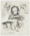 Studies of the Head of Saskia and Others label QS:Len,"Studies of the Head of Saskia and Others" label QS:Lnl,"Kopstudies van Saskia en anderen" label QS:Lpt,"Estudos da cabeça de Saskia e outros" . 1636. etching print. 15.2 × 12.5 cm (5.9 × 4.9 in). Various collections.