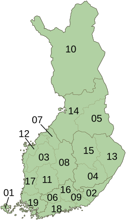 Map of Finland locating its regions, numbered as in ISO 3166-2.