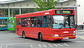 English: Arriva The Shires 3482 (W482 YGS), a Dennis Dart SLF/Plaxton Pointer 2 MPD, leaving High Wycombe bus station into Bridge Street, High Wycombe, Buckinghamshire, on Red Route 33. This bus was the spare for others on Transport for London contracted route U9, however, the bus didn't meet TfL specifications and was painted into normal Arriva livery. Since then, the need for a spare became more apparent, and the bus was painted into London red livery again. When not in use on the U9, it seems to be used on Red Route 33, a High Wycombe town service, no doubt due to its livery. Red Route 33 is part of the High Wycombe Rainbow Routes network, supported by Buckinghamshire County Council.