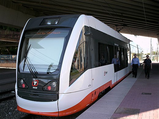 Train-Tram of line L3 of the Metropolitan TRAM of Alicante in Lucentum station direction El Campello