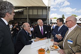 42. St.Gallen Symposium 2012-(v.l.n.r) Sepp Blatter, Giorgos Papandreou, Josef Ackermann und Thomas Schmidheiny beim diskutieren-HSGH 022-002190-12.jpg