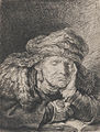 Old Woman Sleeping label QS:Len,"Old Woman Sleeping" label QS:Lnl,"Slapende oude vrouw" . 1633-1639. etching print. 6.9 × 5.2 cm (2.7 × 2 in). Various collections.