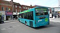 English: Arriva The Shires 3864 (KE05 FMU), a Volvo B7RLE/Wright Eclipse Urban, turning right from Froogmor into Oxford Street, High Wycombe, Buckinghamshire, on Green Route 31, part of the High Wycombe Rainbow Routes network, supported by Buckinghamshire County Council.