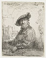 Man in an Arbor label QS:Len,"Man in an Arbor" label QS:Lnl,"Man in een prieel" . 1642. etching print. 7.2 × 5.6 cm (2.8 × 2.2 in). Various collections.