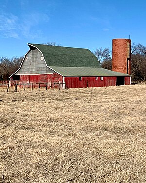 Barn with red brick silo, Edmond, Oklahoma