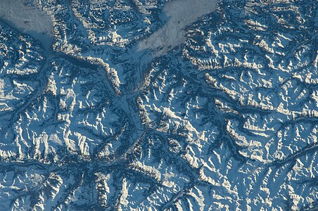 Davos und die Region Prättigau/Davos in den Schweizer Alpen von oben (a view from ISS, Alps of Switzerland near of Chur and Arosa)