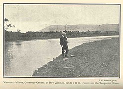 FMIB 35288 Viscount Jellicoe, Governor-General of New Zealand, lands a 10 lb trout from the Tongariro River.jpeg