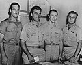 Left to right: Major Thomas W. Ferebee, Bombardier; Col. Paul W. Tibbets, Jr. Pilot; Capt. Theodore J. Van Kirk, Navigator; and Captain Robert Lewis, officer crew of the Enola Gay, the ship that made the historic flight over Hiroshima to drop the first atomic bomb