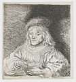 The Card Player label QS:Len,"The Card Player" label QS:Lnl,"De kaartspeler" . 1641. etching print. 9 × 8.3 cm (3.5 × 3.2 in). Various collections.