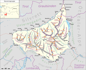 map with valleys and some of the villages like Schuls - Scuol, Zernez and Mals.