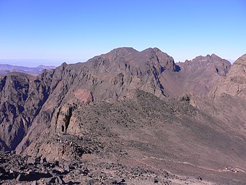 view to the West: Jbel Ouanoukrim, summit Ras Timesguida (middle left)