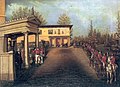 Welcoming of Prince Carl von Preußen by Red Hunters in front of Glienicke castle 1847, unknown painter