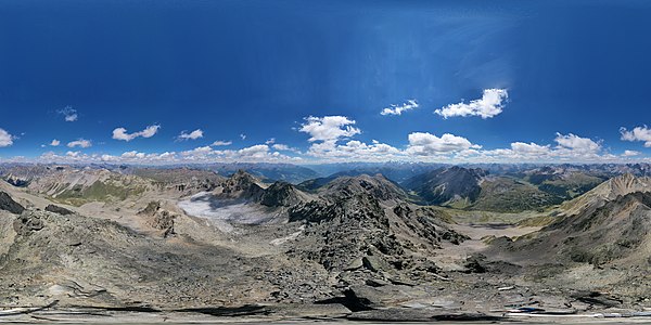 Piz Sesvenna, Vadret da Sesvenna, Spherical Panorama, a view to Vinschgau and valleys above of Taufers im Münstertal