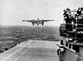 Take off from the deck of the USS HORNET of an Army B-25 on its way to take part in first U.S. air raid on Japan. Doolittle Raid, April 1942