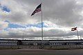 Blue Bird Building with flags