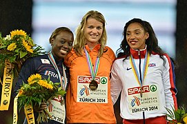 100m women podium Zurich 2014.jpg