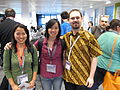 cluboffice Berlin Kartika and Ivonne from Wikimedia Indonesia with Manuel Schneider, Wikimedia Österreich in the shirt they brought him as a gift from Wikimedia Indonesia