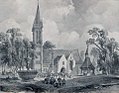 Auguste Mayer : Église et fontaine de Saint-Jean-du-Doigt (dessin publié en 1845-1846).