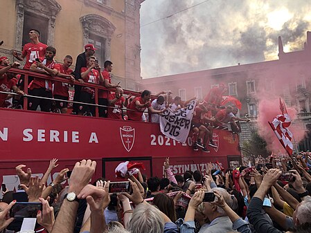 Monza players celebrating their Serie A promotion 31 May 2022