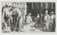 Pharisees in the Temple label QS:Len,"Pharisees in the Temple" label QS:Lnl,"De Farizeeërs in de tempel" . 1648. etching print and drypoint print (i/iii). 7.2 × 12.9 cm (2.8 × 5 in). Various collections.