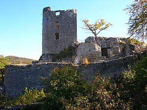 Burgruine Neideck - Ansicht der Hauptburg mit dem Wohnturm der Burgruine von Westen (Oktober 2006)
