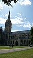 English: Salisbury Cathedral, seen in July 2009, from its North Western side, near Choristers Square. Path of the cathedral is in scaffolding for works.