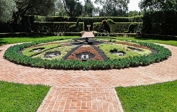 East view of the clock in the topiary garden of Lotusland, Montecito, CA