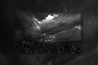 photomontage NYC skyline amidst clouds' ocean