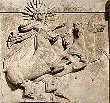 Architrave with sculpted metope showing sun god Helios in a quadriga; from temple of Athena at Troy, ca 300-280 BCE; Altes Museum, Berlin (25308440197) (cropped) 1.jpg