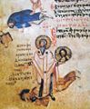 Nikephoros I of Constantinople trampling on John VII of Constantinople. Miniature from Chludov Psalter