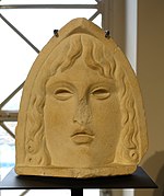 Female mask, architectural decoration, 2 of 4, Athribis, Tell Atrib at Benha, Egypt, 100-150 AD, marble - Hessisches Landesmuseum Darmstadt - Darmstadt, Germany - DSC00002.jpg