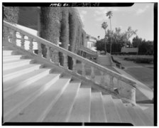 West facade middle staircase in foreground. Southern staircase in midground. Clubhouse in background- CD-S. - Hialeah Park Race Track, East Fourth Avenue, Hialeah, Miami-Dade HABS FLA,13-HIAL,1-14.tif