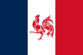 Première proposition de drapeau de la Wallonie (1907) qui est le drapeau de la France avec le coq wallon en son centre, également utilisé par les partisans de réunion de la Wallonie à la France.