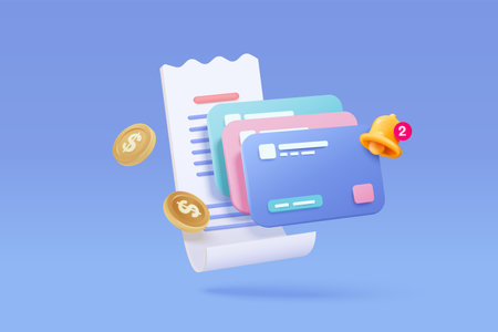 3d bill payment with credit card and financial for online shopping payment credit card with bell alert notification invoice transaction with money coin 3d receipt vector icon render illustration