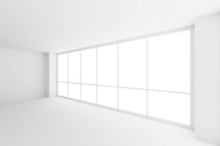 Business architecture white colorless office room interior large window in empty white business office room with white floor ceiling walls and empty space 3d illustration