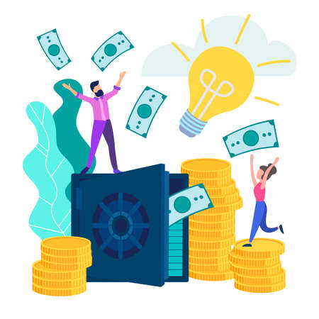 Young people employees happy monetary gain and the accumulation a good contribution safe with banknotes and stacks of coins vector illustration Фото со стока