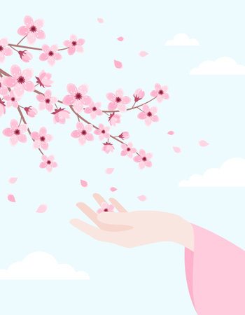長袖の手のひらを上にして、咲く桜の枝の下で落ちる花びらを捕まえる女性の手平らなベクトル図 写真素材