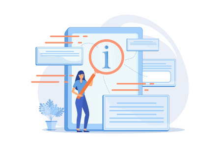 Utente che cerca informazioni su tablet con lente di ingrandimento guida all'assistenza tecnica di prodotti elettronici manuale per computer hardware e software concetto tavolozza viola piatto vettore illustrazione moderna