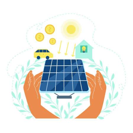 Human hands holding solar panel with dollar coin and light bulb connected to solar panel solar energy concept vector illustration Фото со стока
