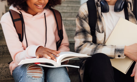 Cropped shot of a girl with book on her legs sitting on stairs